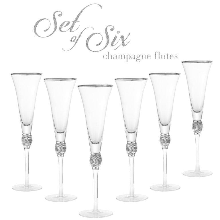 Set Of 6 Champagne Glasses - Luxurious Champagne Trumpet Flutes With Silver Tone Dazzling Rhinestone Design And Silver Tone Rim