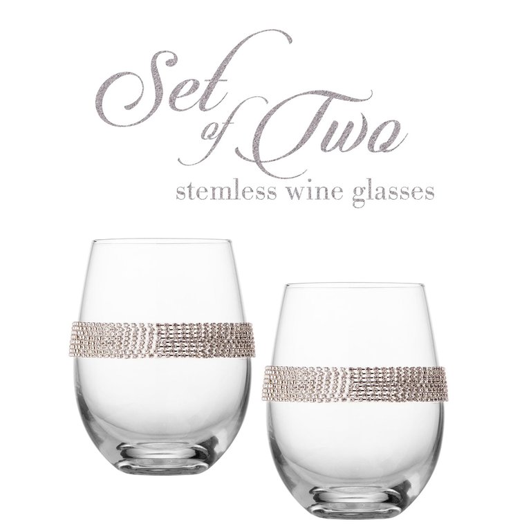 Stemless Wine Glasses With Silver Tone Rhinestone Design, Set Of 6
