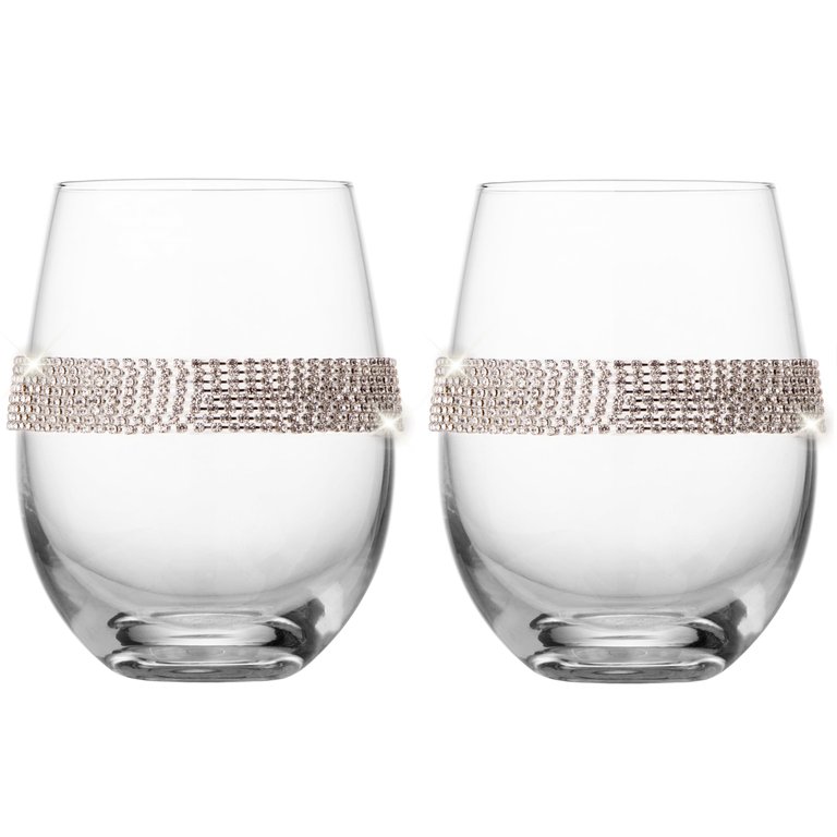 Stemless Wine Glasses With Silver Tone Rhinestone Design