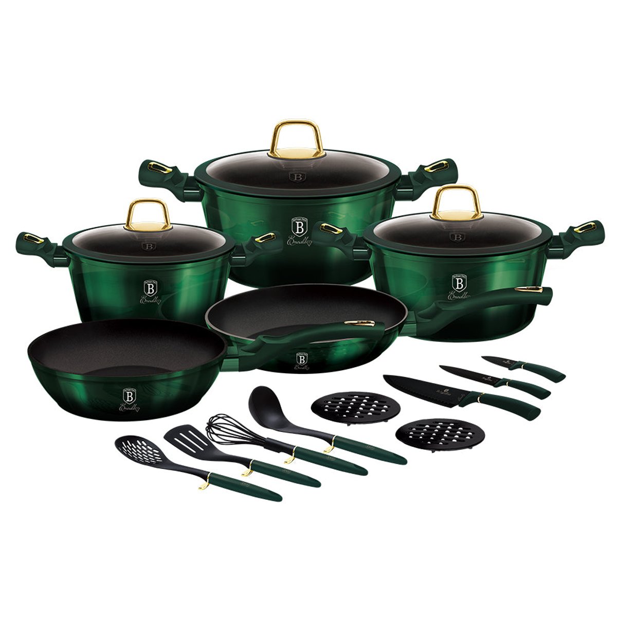 Berlinger Haus Cookware Set with Durable and Easy-To-Clean Pots and Pans,  Heat Resistant Silicone Kitchen, Lead and PFOA Free (Emerald) 12-Piece