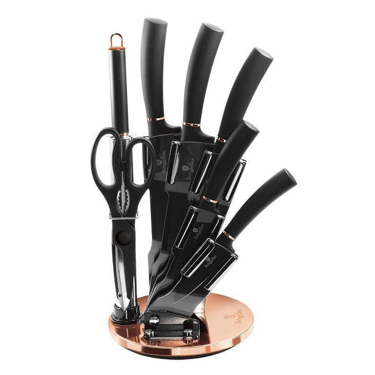Berlinger Haus 8-Piece Knife Set w/ Acrylic Stand Black Rose Gold Collection - Black Rose