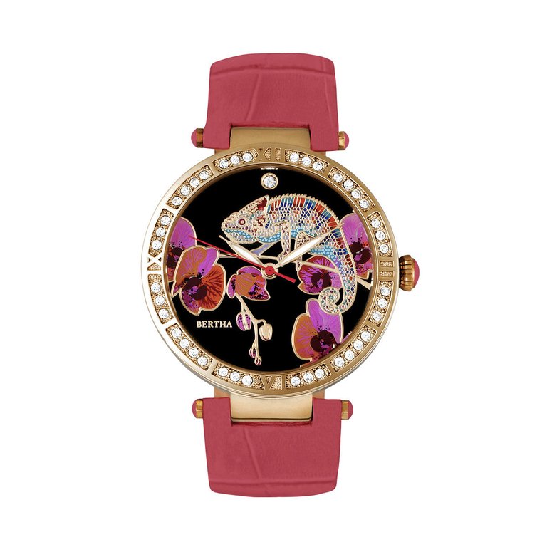 Bertha Camilla Mother-Of-Pearl Leather-Band Watch - Coral