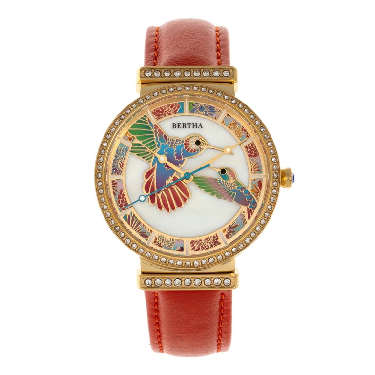 Bertha Emily Mother-Of-Pearl Leather-Band Watch - Gold/Orange