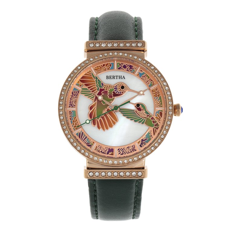 Bertha Emily Mother-Of-Pearl Leather-Band Watch - Rose Gold/Green