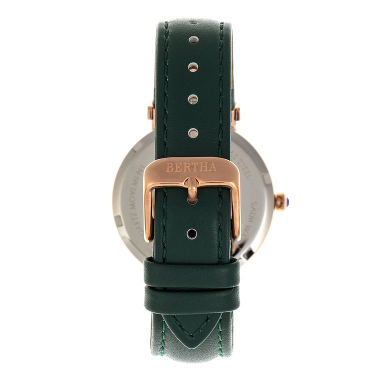 Bertha Emily Mother-Of-Pearl Leather-Band Watch - Rose Gold/Green