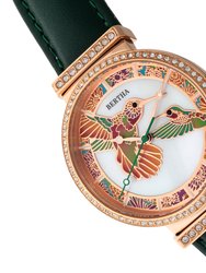 Bertha Emily Mother-Of-Pearl Leather-Band Watch - Rose Gold/Green