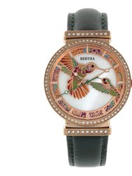 Bertha Emily Mother-Of-Pearl Leather-Band Watch - Rose Gold/Green