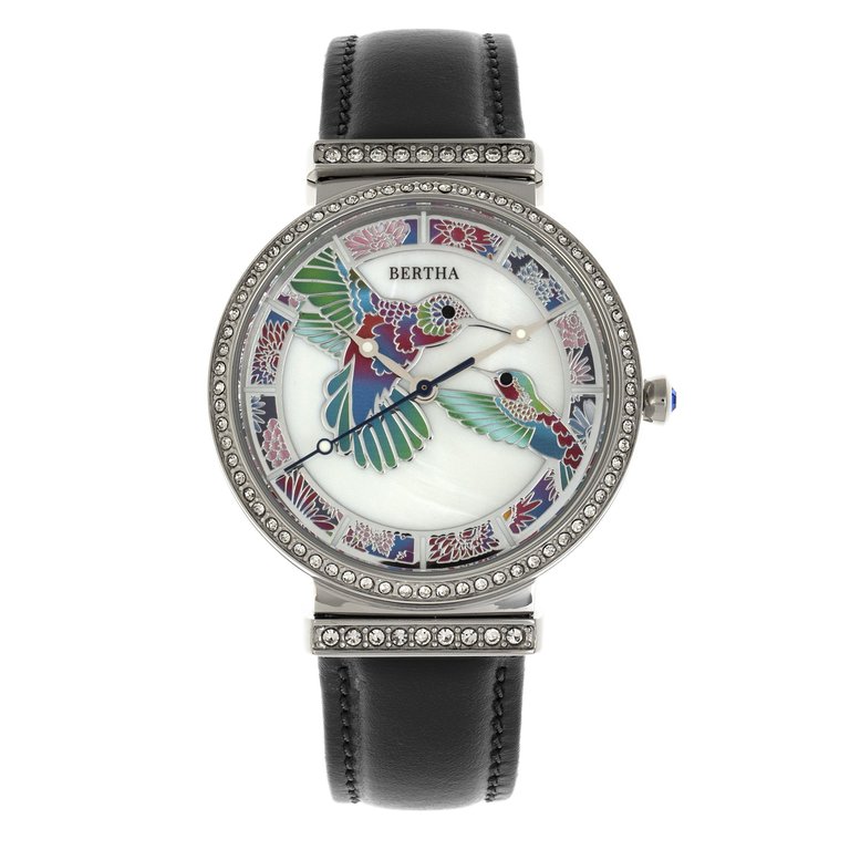 Bertha Emily Mother-Of-Pearl Leather-Band Watch - Silver/Black