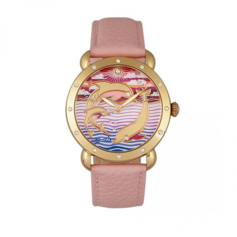 Bertha Estella MOP Leather-Band Ladies Watch - Gold/Pink