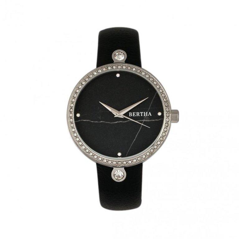 Bertha Frances Marble Dial Leather-Band Watch - Black