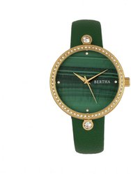 Bertha Frances Marble Dial Leather-Band Watch - Green