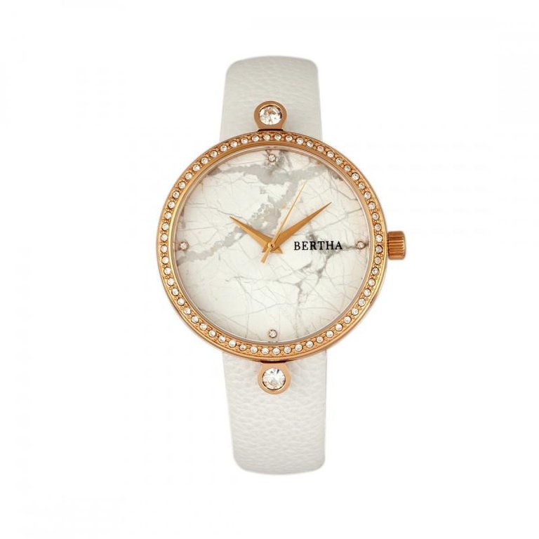 Bertha Frances Marble Dial Leather-Band Watch - White