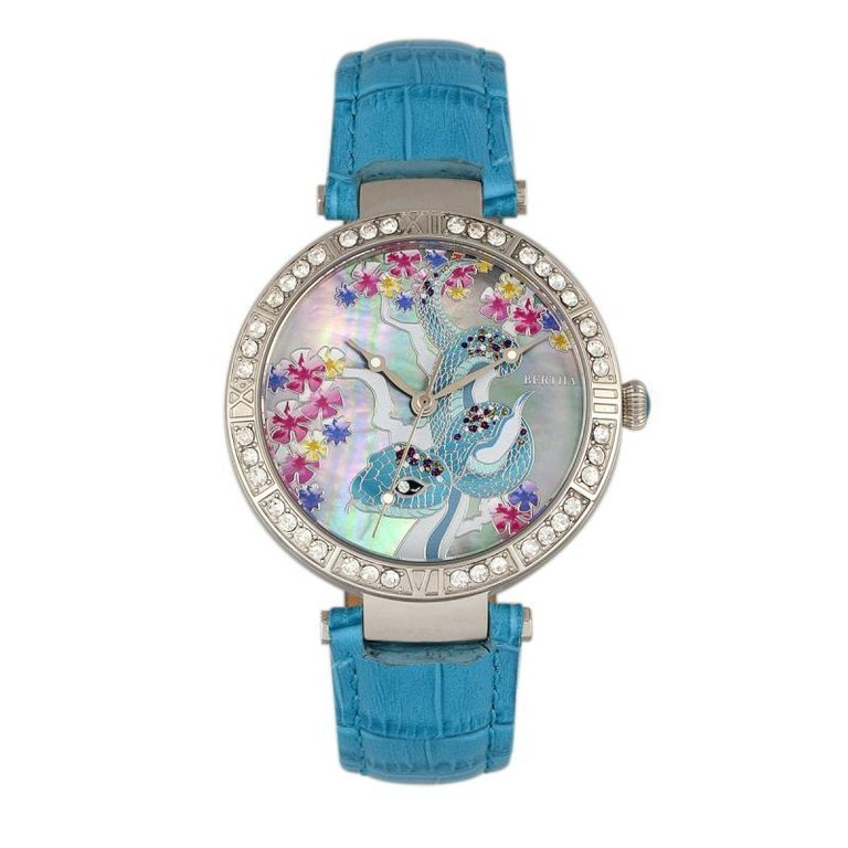Bertha Mia Mother-Of-Pearl Leather-Band Watch - Blue