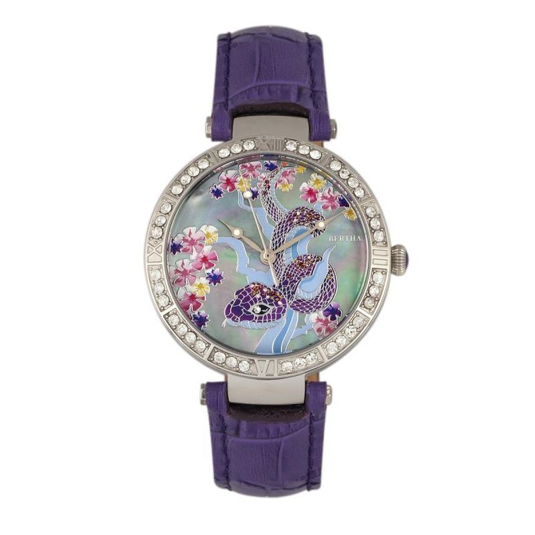 Bertha Mia Mother-Of-Pearl Leather-Band Watch - Purple