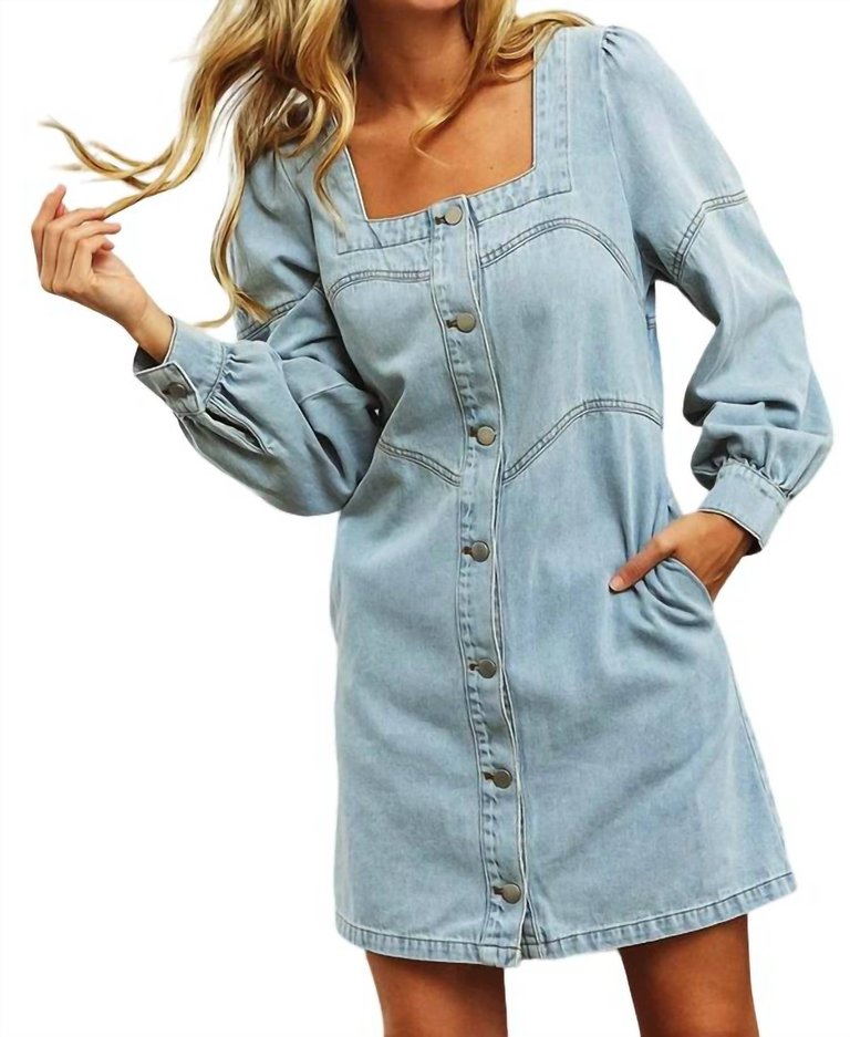 Square Neck Button Front Washed Dress In Denim - Denim