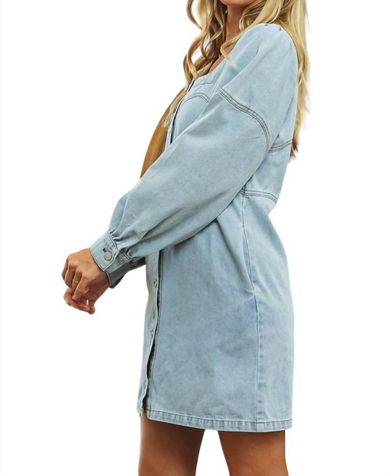 Square Neck Button Front Washed Dress In Denim