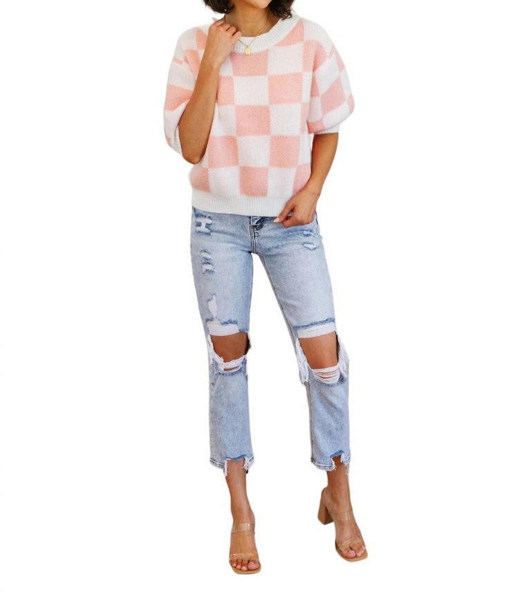 Start Me Up Checkered Sweater In Pink And White - Pink And White