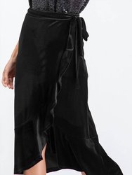 Velvet Ruffled Wrap Midi Skirt In Black - Black