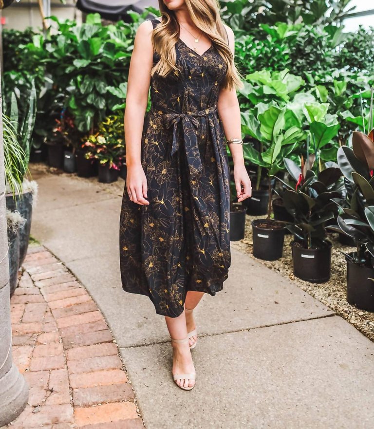 Double V-Neck Belted Midi Dress In Navy - Navy