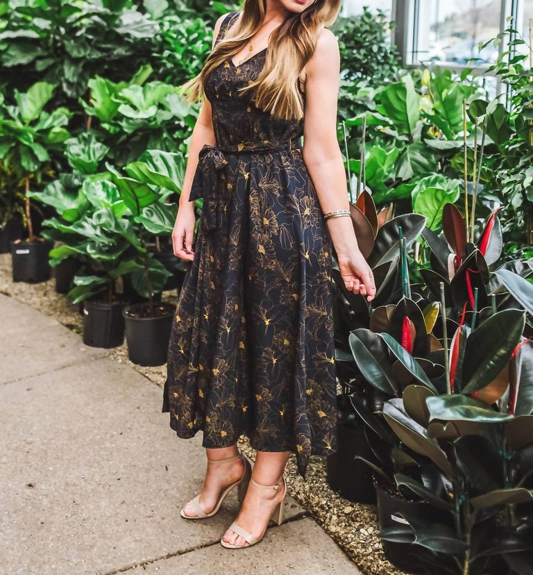 Double V-Neck Belted Midi Dress In Navy