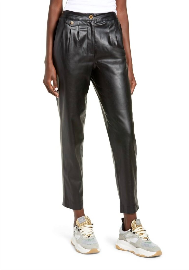 Women's Faux Leather Pleated Trouser With Back Pockets In Black - Black