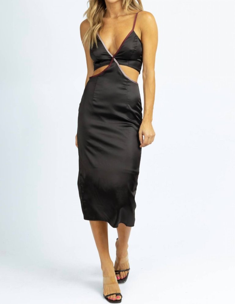 Contrast Trim Satin Midi Dress - Black