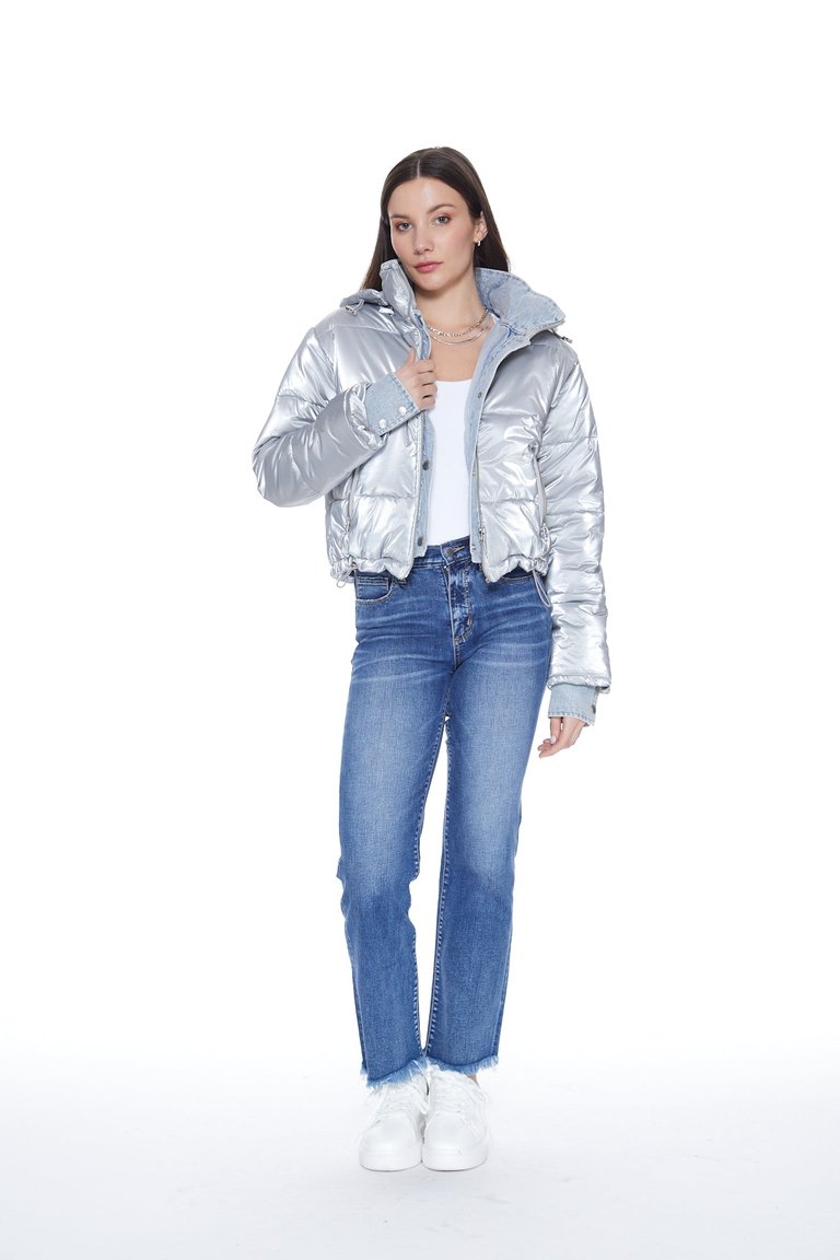 In The Mix Denim Shiny Puffer In Silver