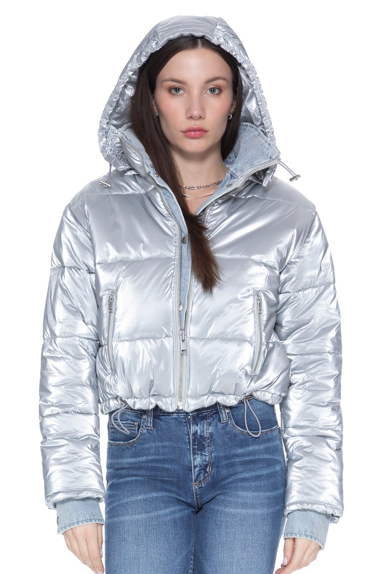 In The Mix Denim Shiny Puffer In Silver - Silver