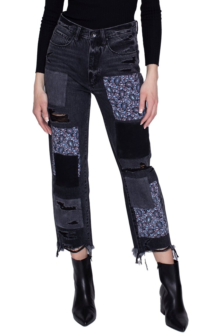 Paisley Patchwork Straight Jeans In Black Stone - Black Stone