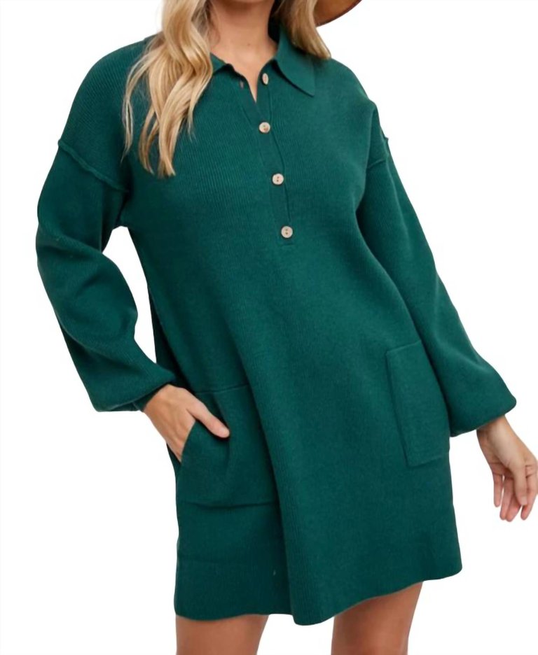 Anytime Ribbed Shirt Dress In Hunter Green - Hunter Green