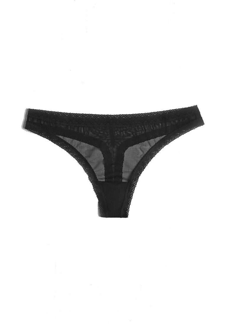 Women's Mesh Lace Trim Thong Panty In Black - Black