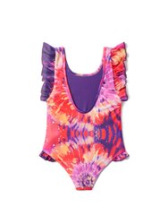 Bright Tie Dye Ruffle Swimsuit