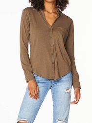 Long Sleeve Button Front Tee - Brown