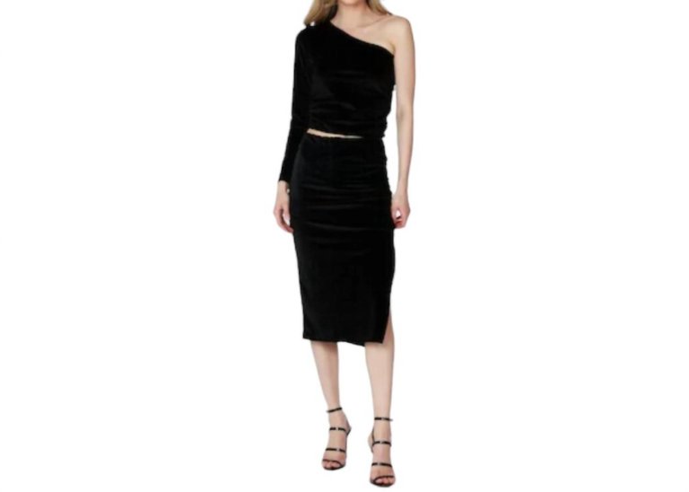 Midi Shirred Skirt With Slit - Black Velvet