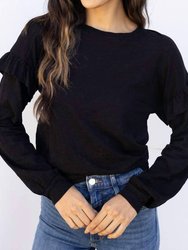 Ruffle Long Sleeve Crew Neck Top - Black