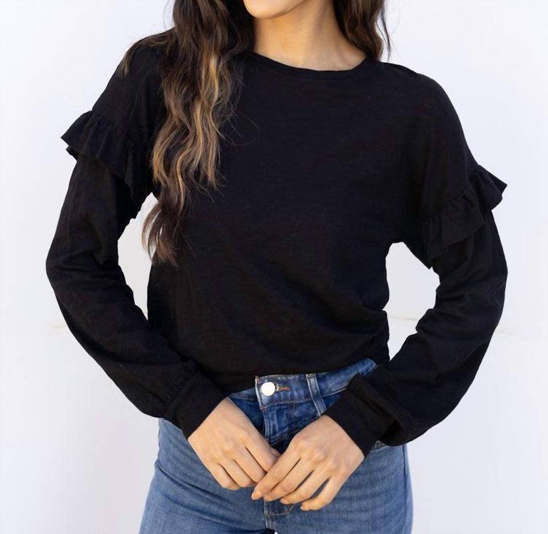 Ruffle Long Sleeve Crew Neck Top - Black