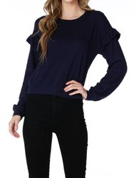 Ruffle Long Sleeve Crew Neck Top - Navy