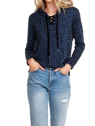 Tie Front Hoodie - Blue/Leopard