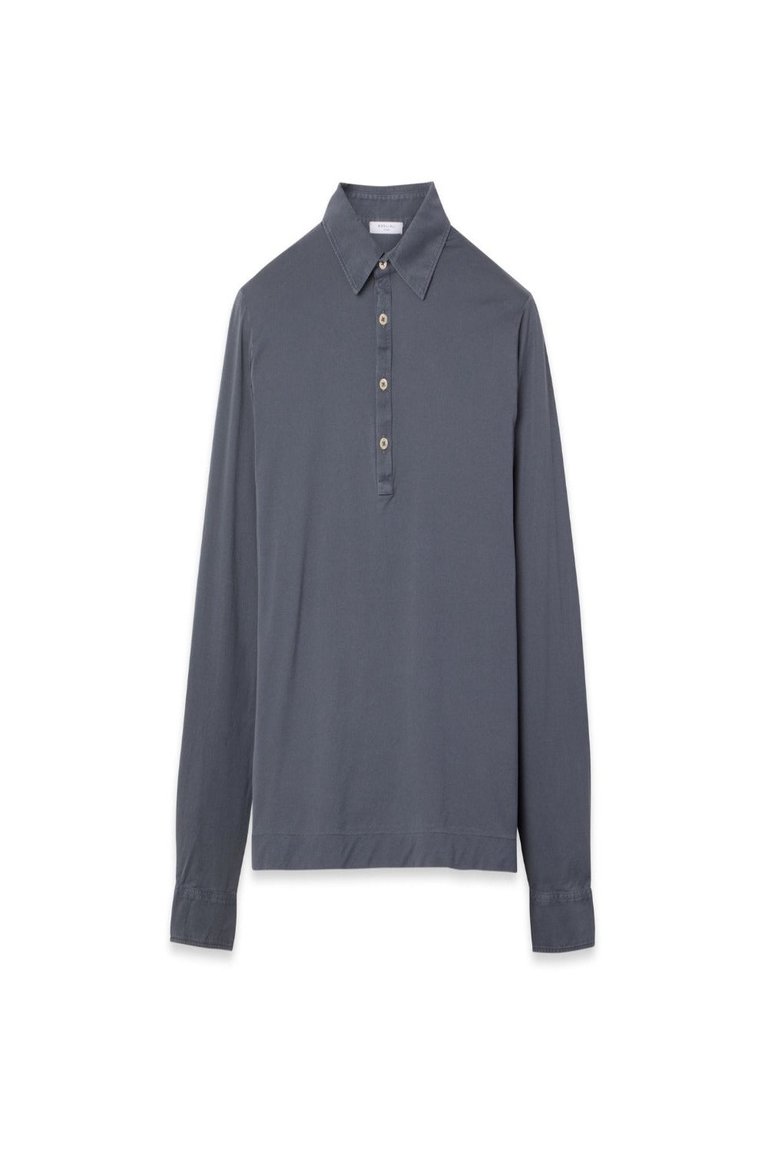 Long Sleeves Cotton Polo Shirt - Grey Blue