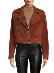 Double Layer Moto Jacket In Caramel Suede