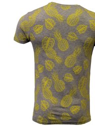 Brave Soul Mens Pineapple Print Crew Neck T Shirt (Gray Marl/Yellow)