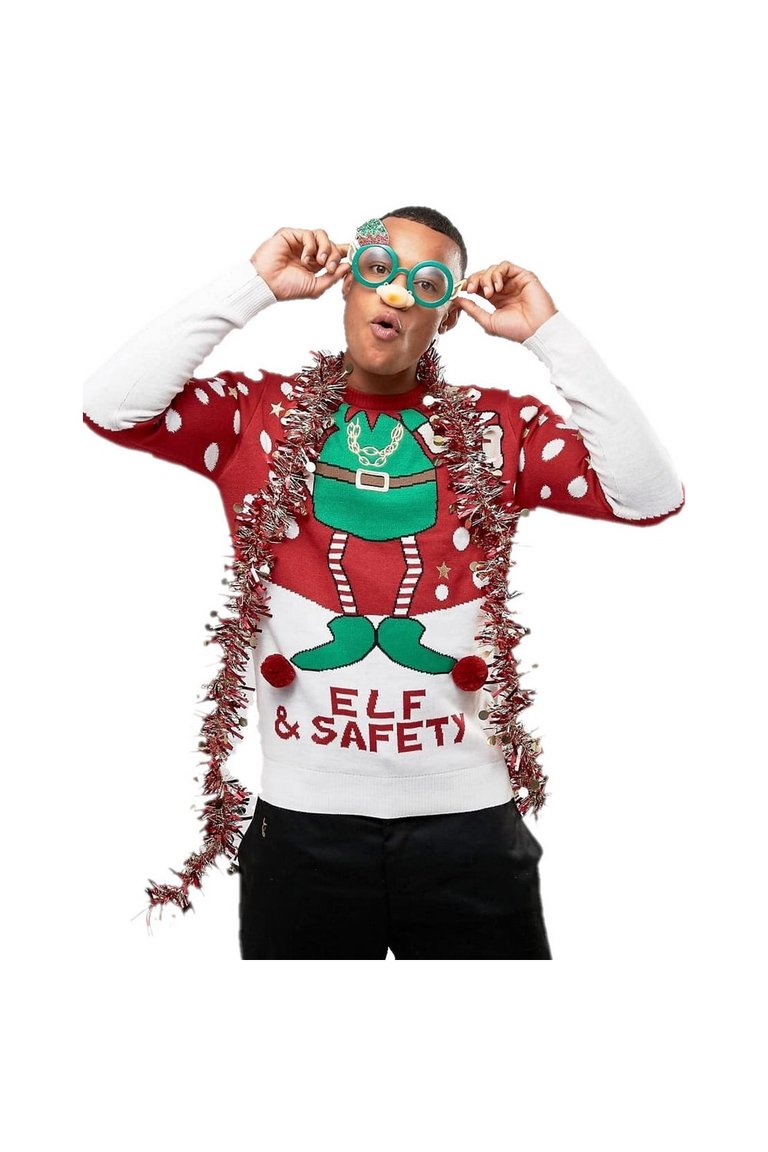 Mens Elf & Safety Christmas Jumper - Red/White