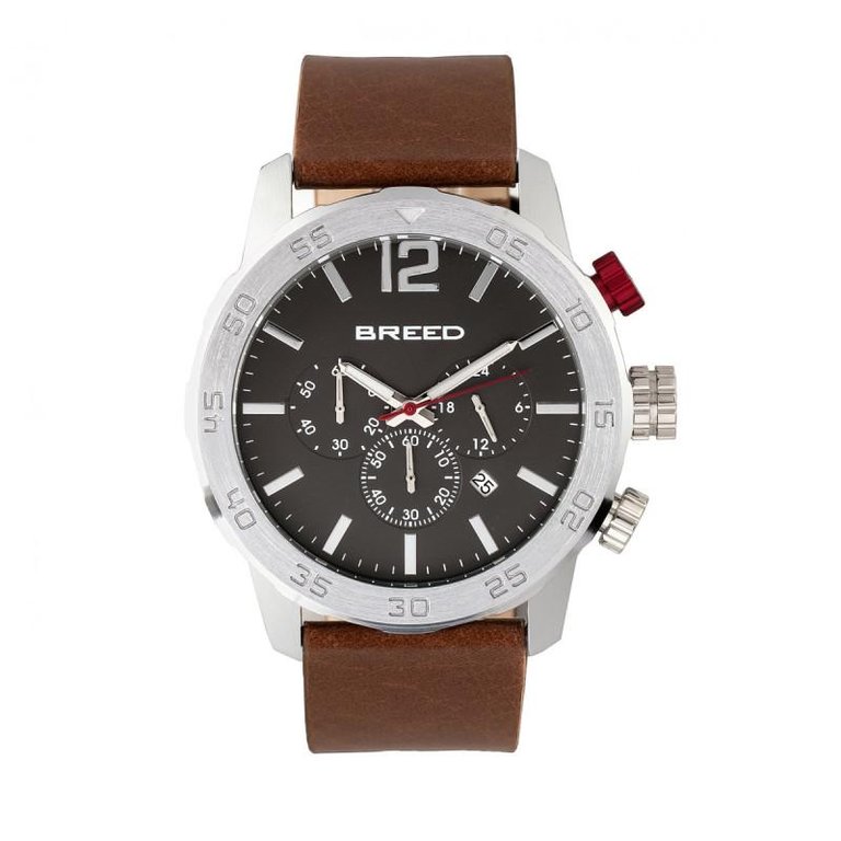 Breed Manuel Chronograph Leather-Band Watch w/Date - Silver/Brown