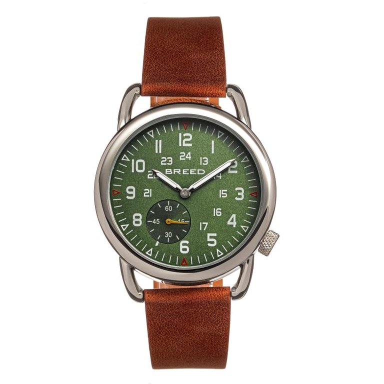 Breed Regulator Leather-Band Watch w/Second Sub-dial - Brown/Green