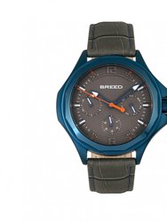 Breed Tempe Leather-Band Watch w/Day/Date - Gray/Blue