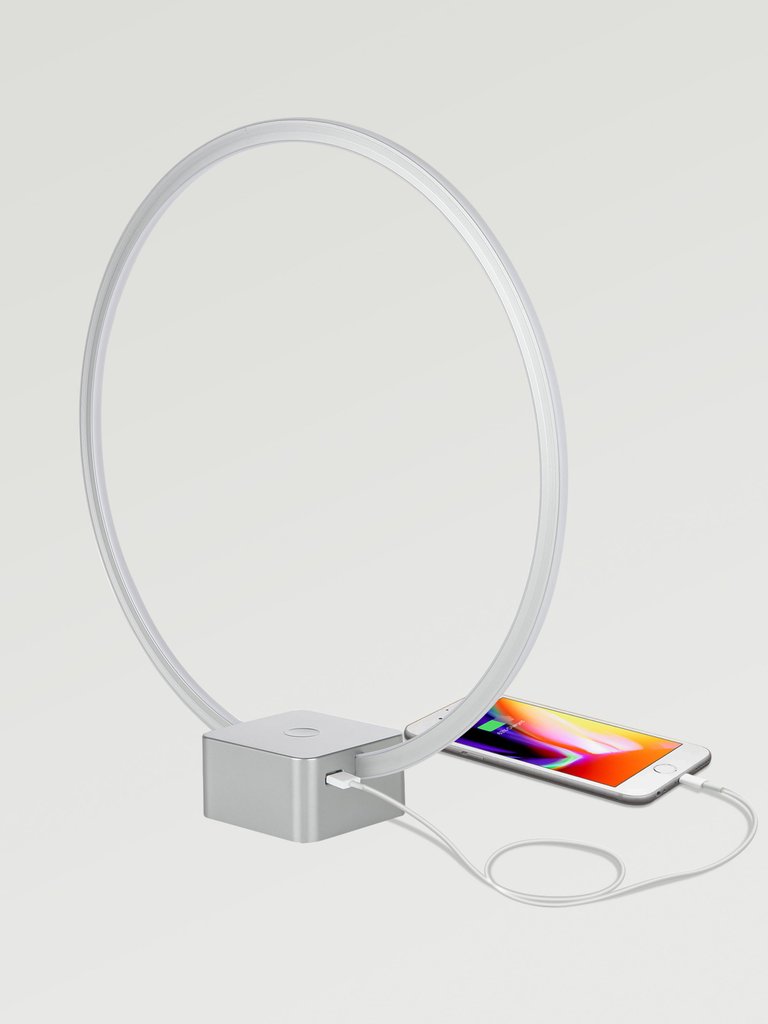 Circle LED Desk Lamp with Built-in USB Charger Port - Silver