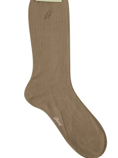 Brioni Men's Light Brown 100% Cotton Ribbed Knit Logo Socks product