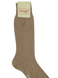 Men's Light Brown 100% Cotton Ribbed Knit Logo Socks - Brown