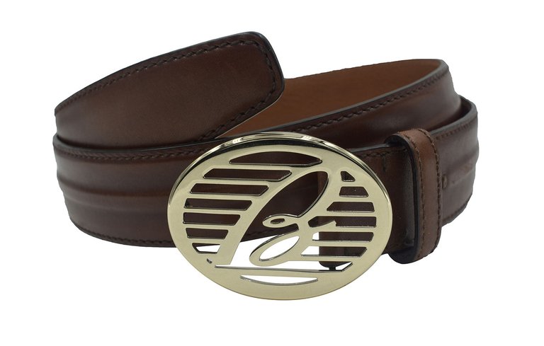 Men's Medium Brown Leather Logo Gold Buckle Belt - Brown