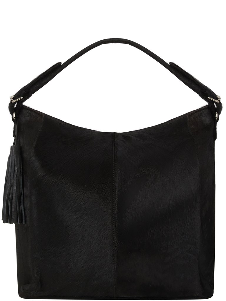 Black Calf Hair Leather Top Handle Grab Shoulder Bag  - Black